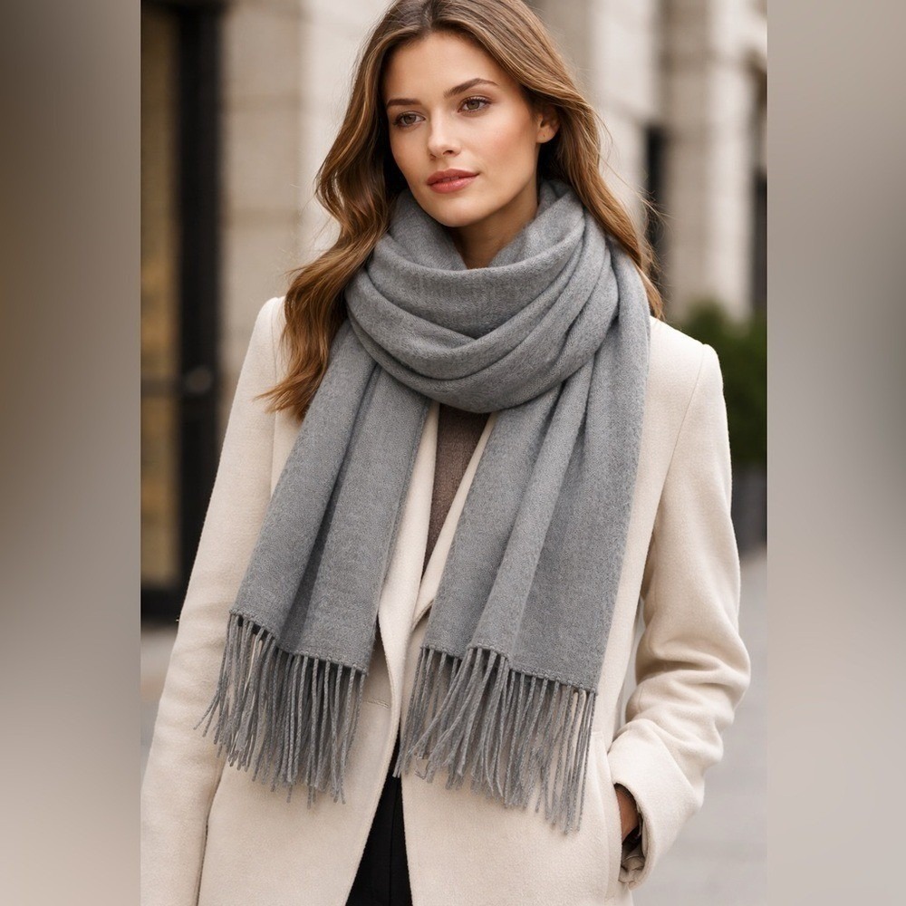 Portolano 100% Cashmere Oversized Gray Scarf Wrap 78" Fringe Luxury